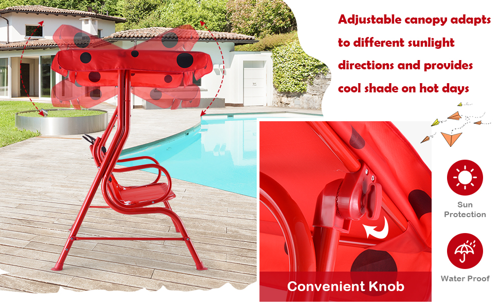 The adjustable canopy adapts to provide cool shade by convenient knob.