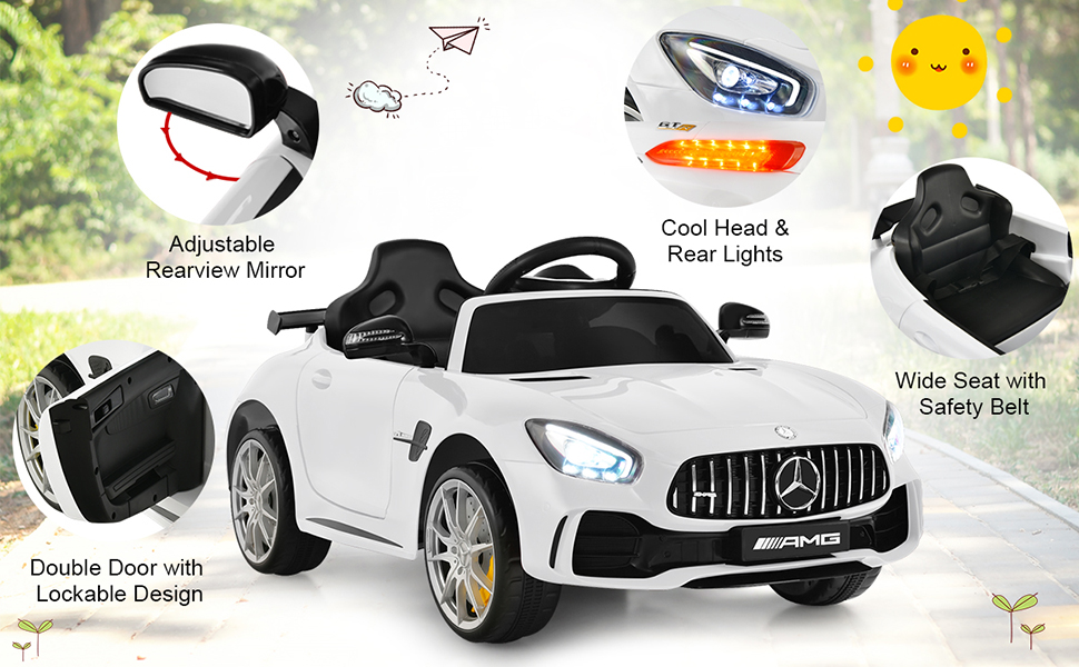 electric car for kids, adjustablle rearview mirror, head & rear lights, safety belt, lockable doors