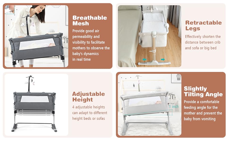 height adjustable bedside crib with breathable mesh, retractable legs, slightly tilting angle