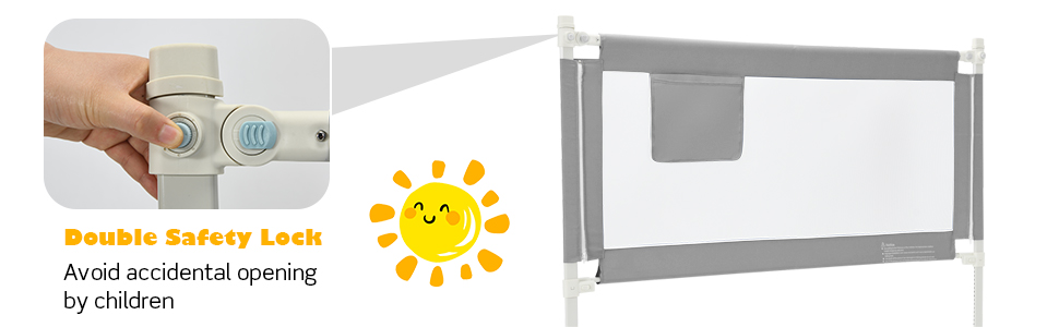 foldable bed rail with double safety lock and storage pocket