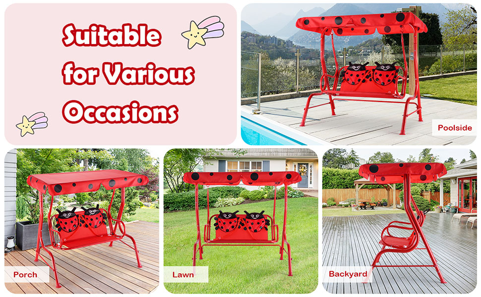 The outdoor swing is suitable for poolside, porch, lawn, backyard and so on.