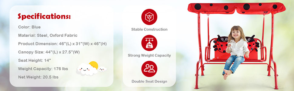 The patio swing will offer stable construction and great weight capacity.