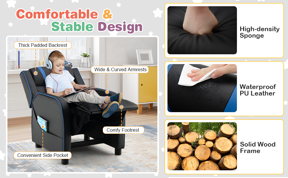 adjustable kids sofa with waterproof PU leather, wood frame, padded backet, footrest
