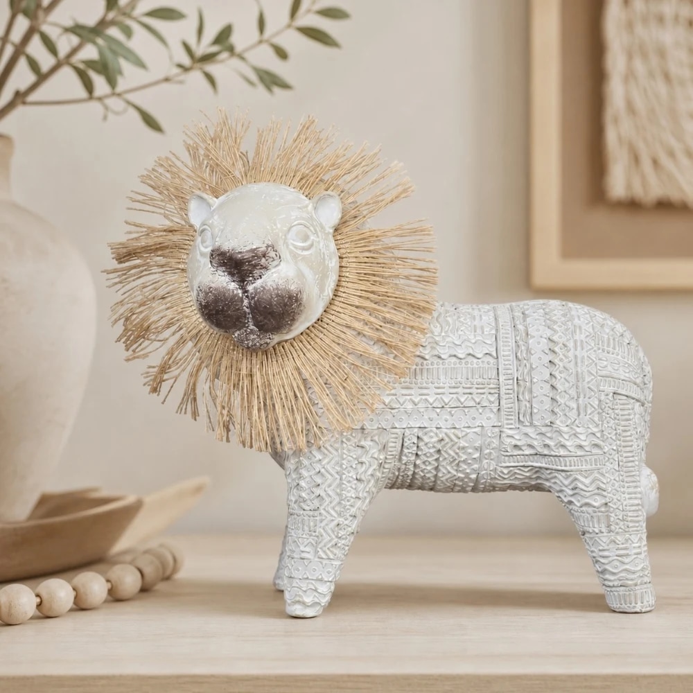Resin lion ornament displayed with warm neutral home decor
