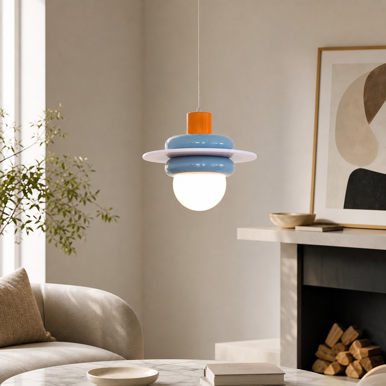 Sea salt blue pendant light in a living room corner