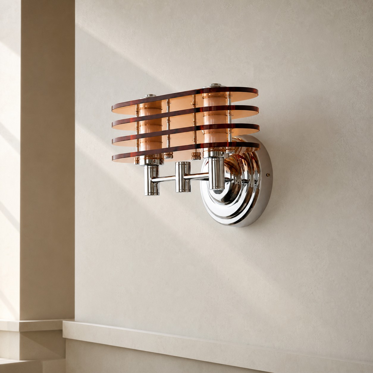 Bauhaus amber LED wall sconce installed in a minimalist hallway