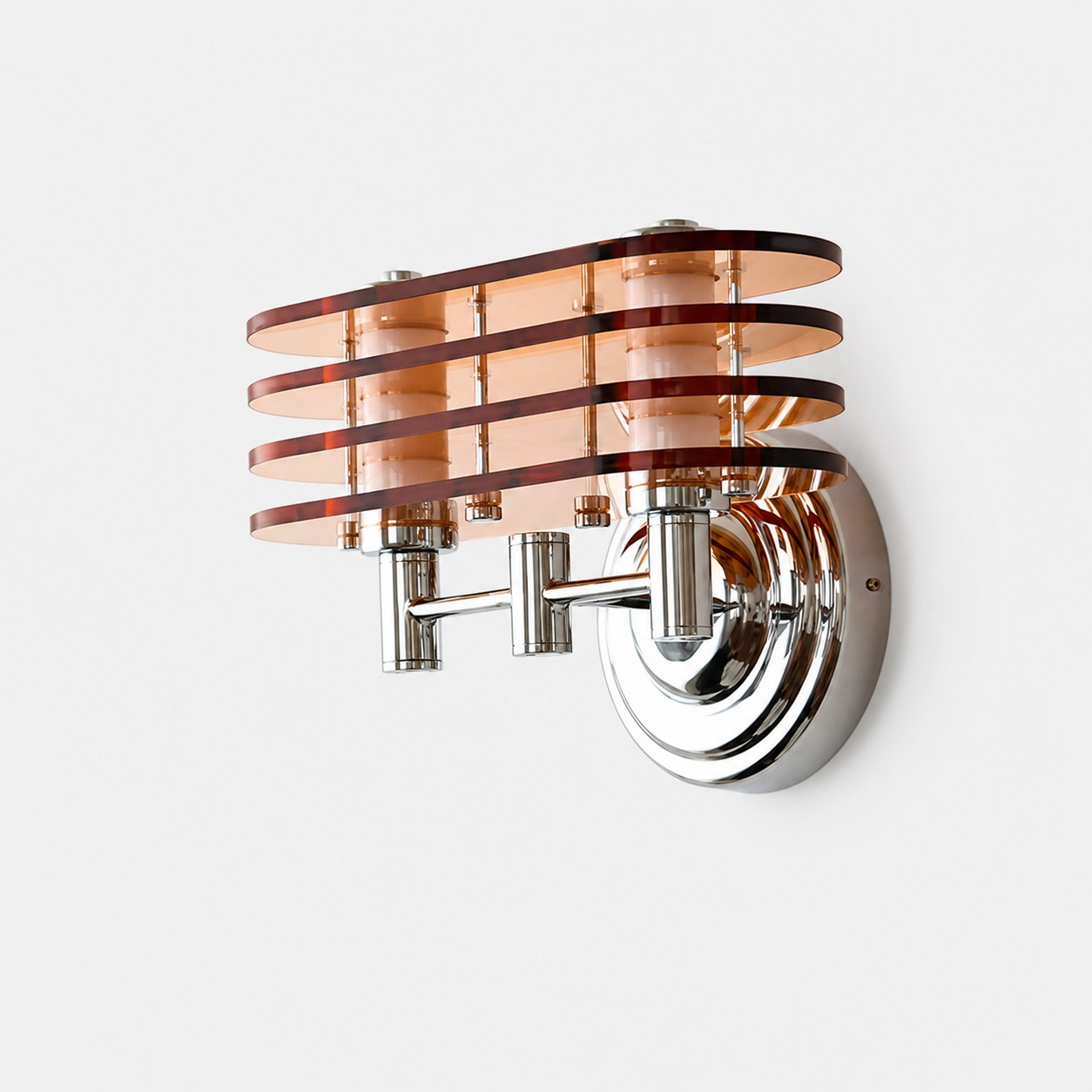 Front view of Bauhaus amber LED wall sconce with layered acrylic shade