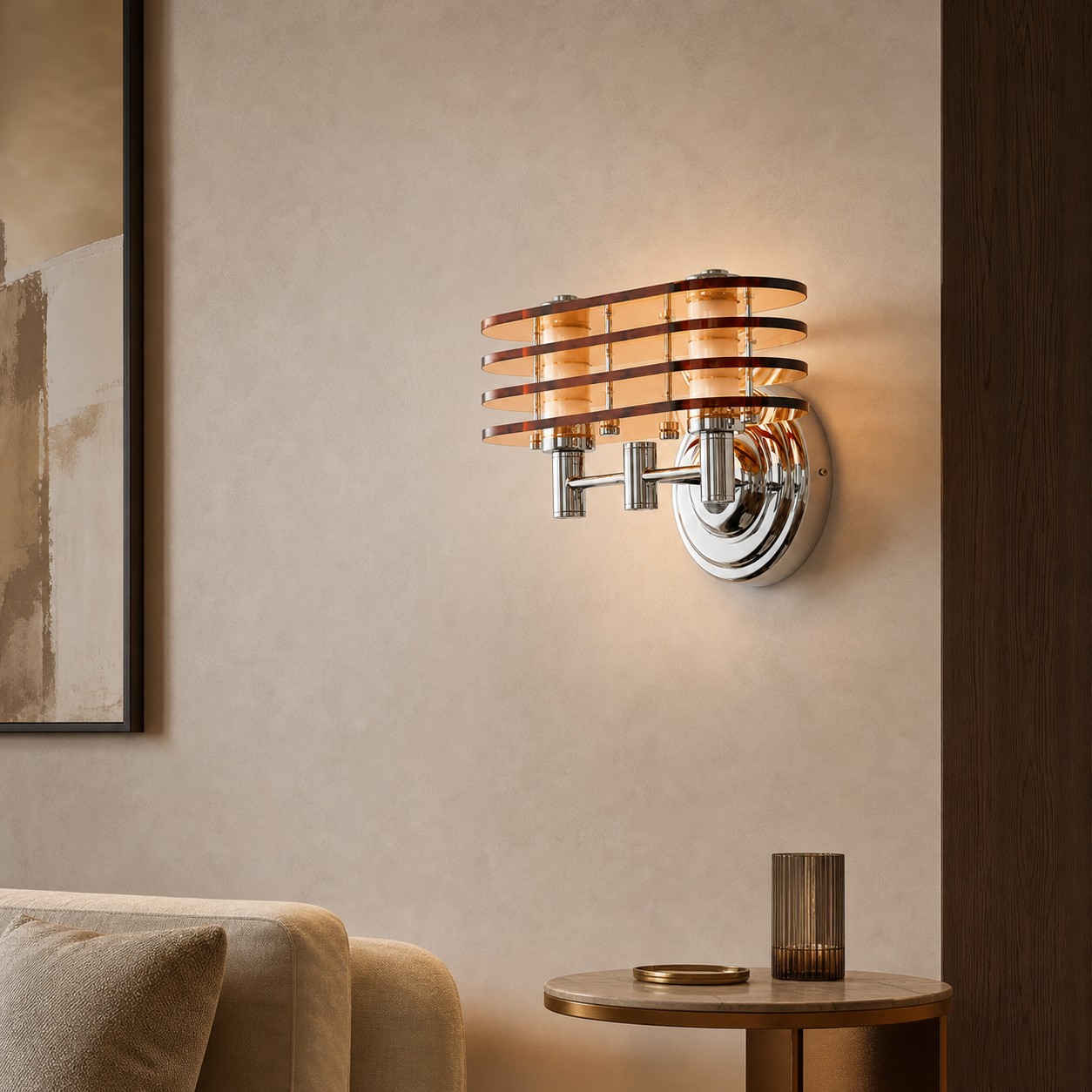 Bauhaus amber LED wall sconce casting warm light in a lounge