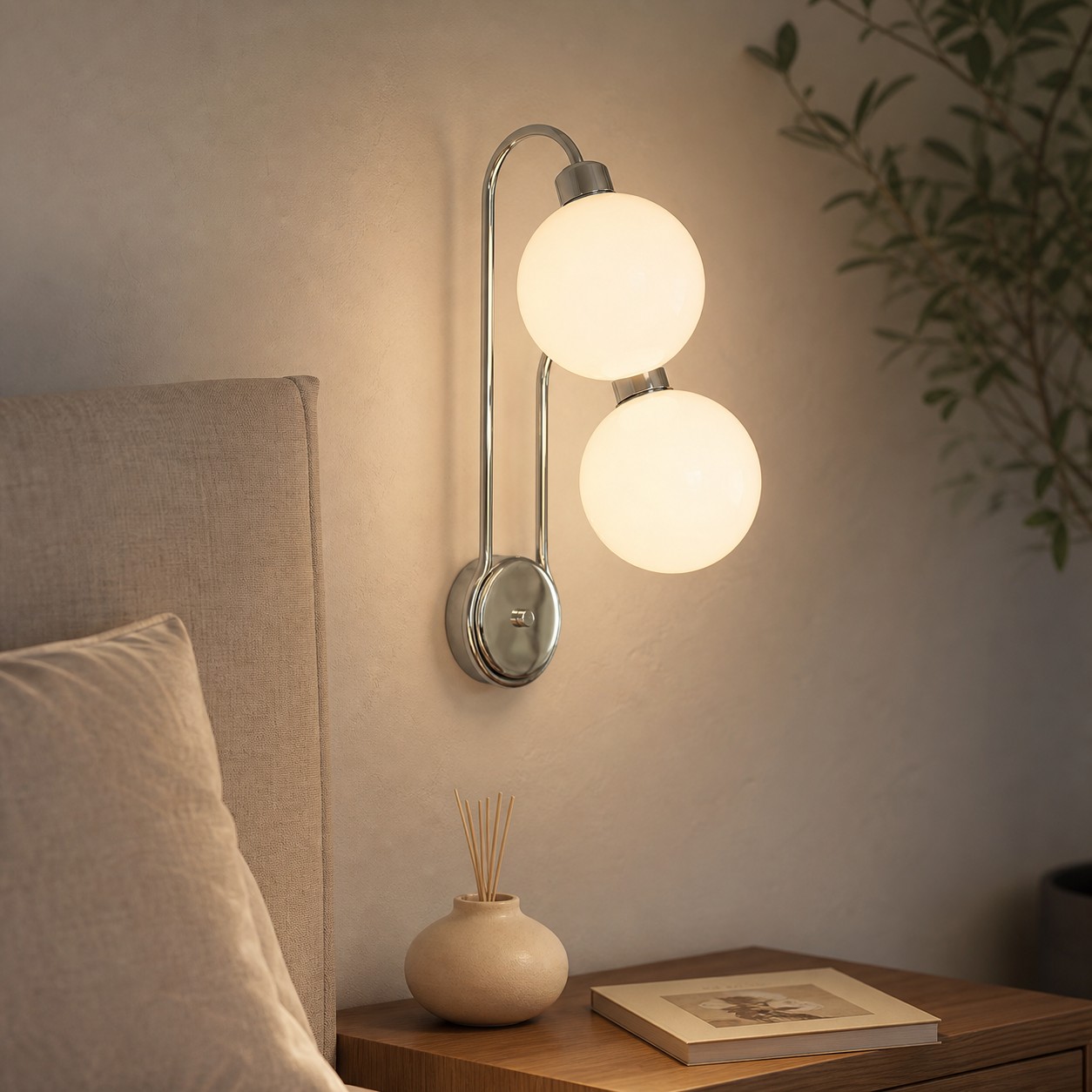 Double globe wall lamp lighting a hallway wall