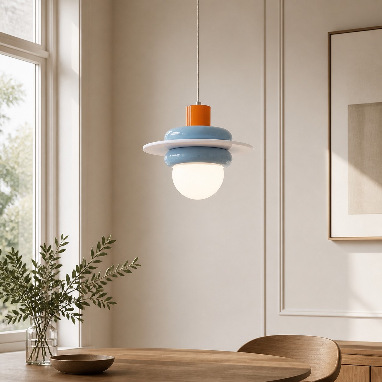 Sea salt blue Memphis pendant light above a dining table