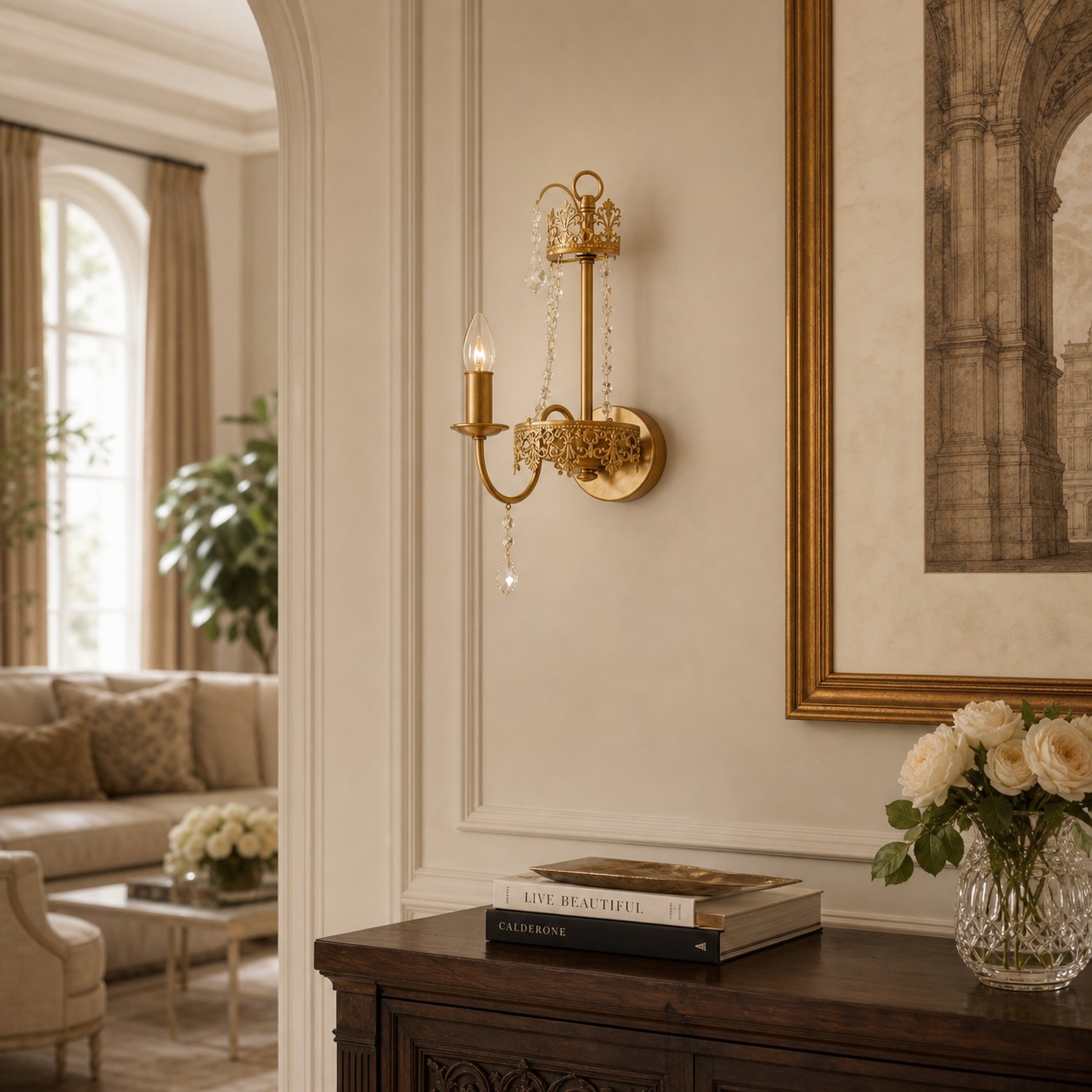Antique brass crystal wall sconce illuminating an elegant interior passage