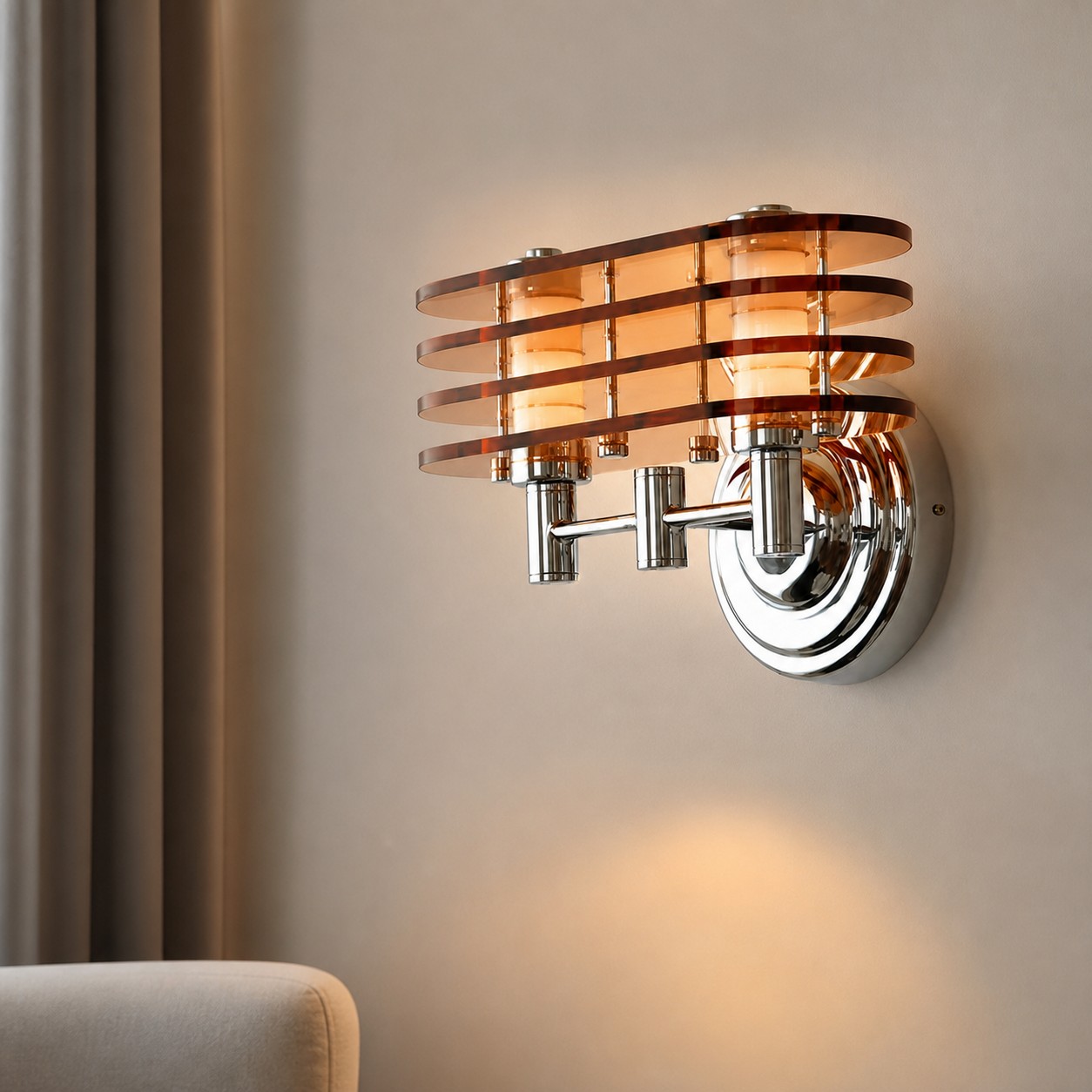 Layered amber acrylic and central light column detail of Bauhaus wall sconce